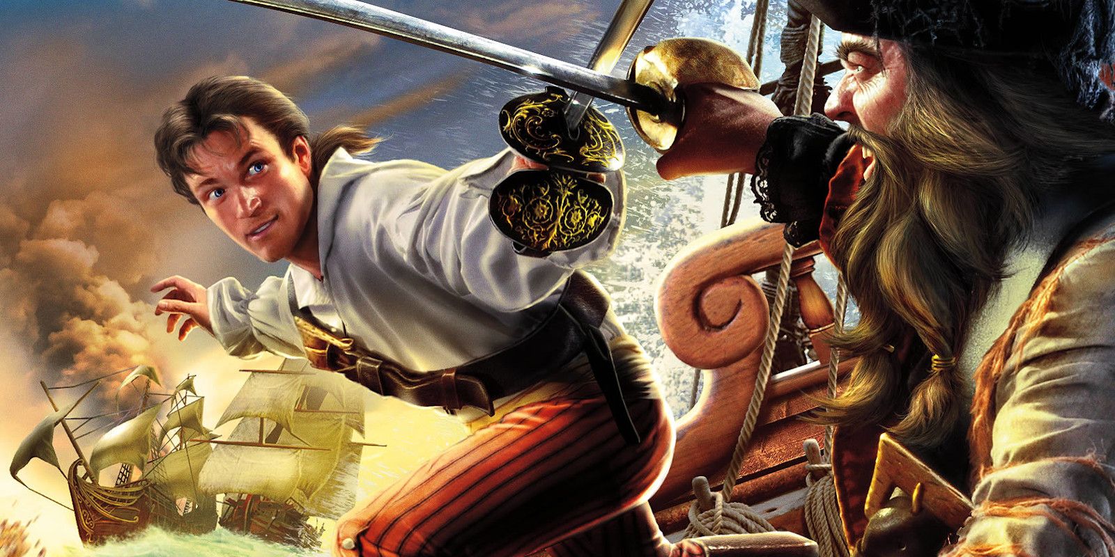 Artwork from Sid Meier's Pirates, showing a ship battle in the background and a swordfight in front.