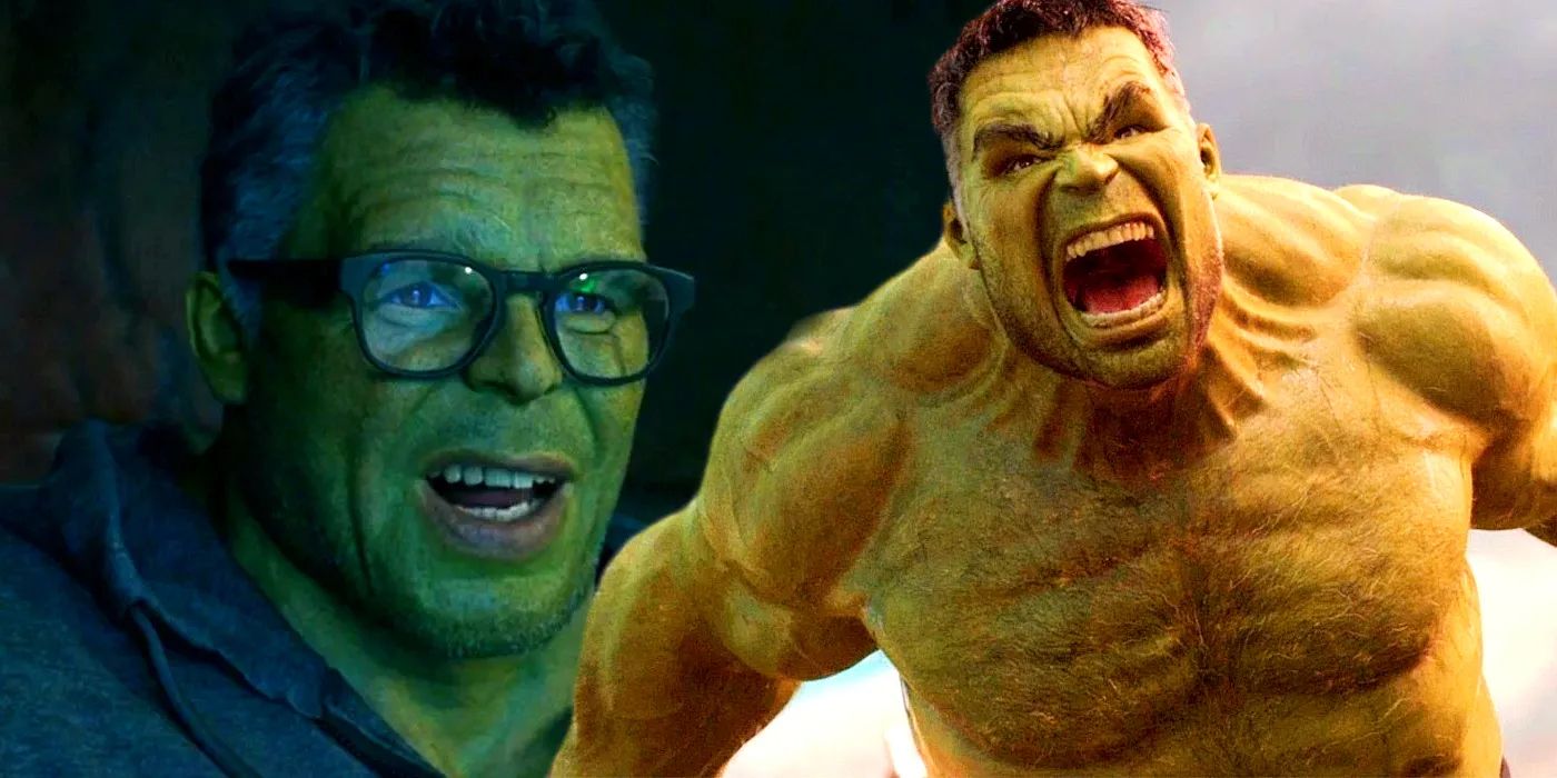 Smart Hulk's face next to the Hulk, as depicted by Mark Ruffalo in the Marvel Cinematic Universe (MCU)