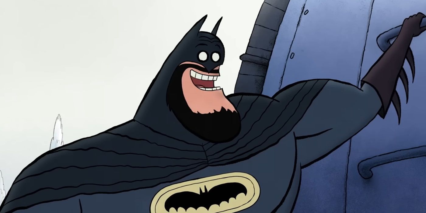 Batman (dublado pelo ator Luke Wilson) sorri amplamente no filme Merry Little Batman