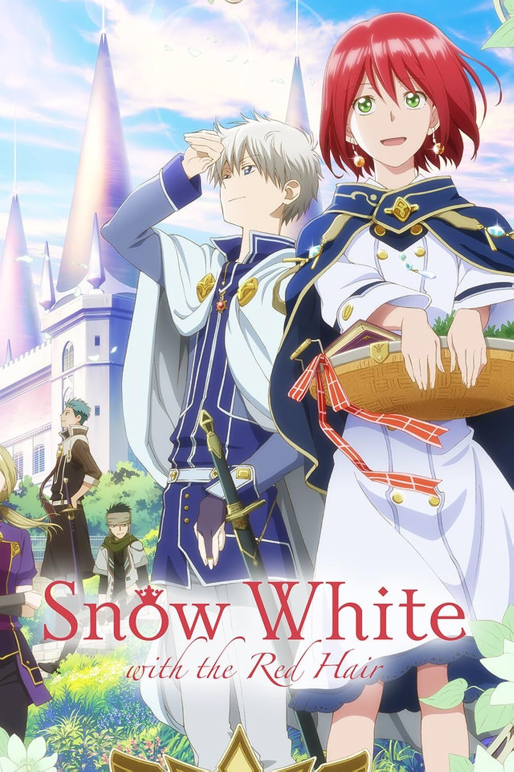 Zen Wistalia is looking off into the distance to the left while Shirayuki looks off into the distance in a more straight-forward direction as they stand in front of a castle on the poster for Snow White with the Red Hair.