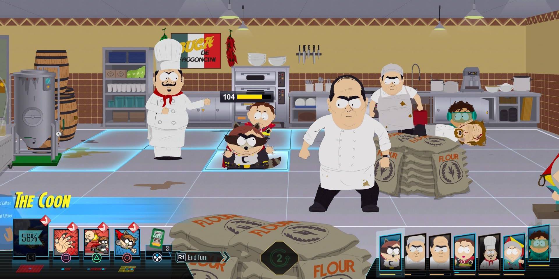 Cartman (The Coon) seleciona sua próxima jogada na jogabilidade de batalha ambientada em uma cozinha versus um grupo de chefs em South Park, mas inteiro fraturado, mas inteiro