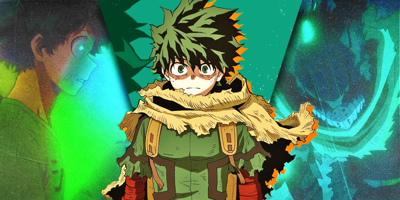 Collage of Deku in My Hero Academia in ragged clothes and with a serious expression