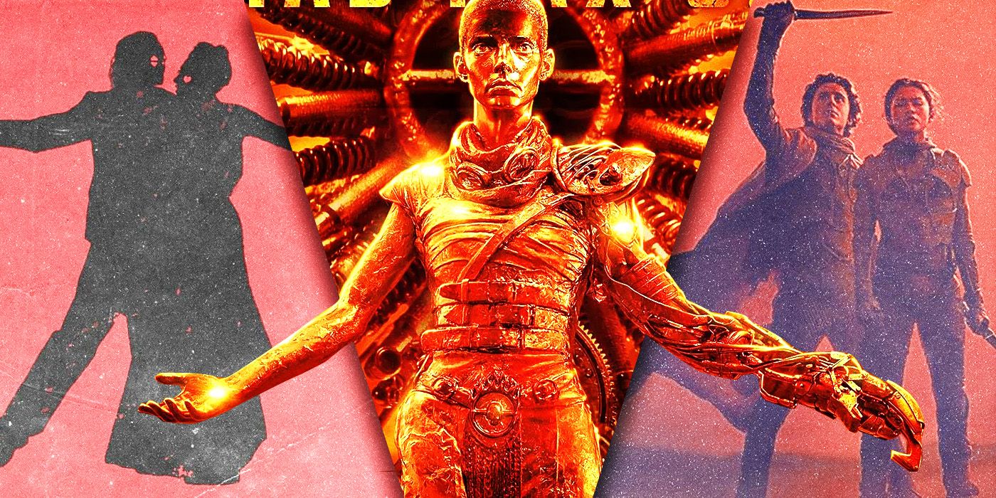 A split image of scenes from 2024's Joker and Dune in red behind gold Furiosa idol