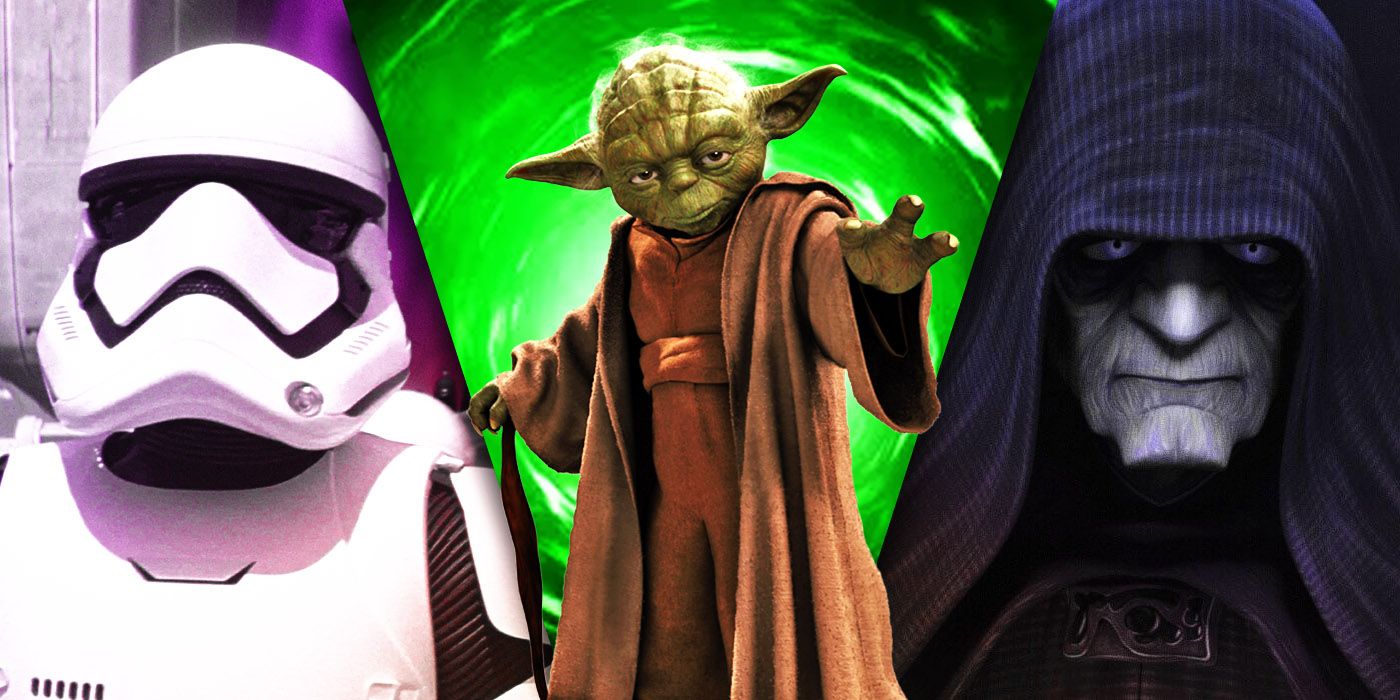 split images of Stormtrooper, Yoda, and Palpatine