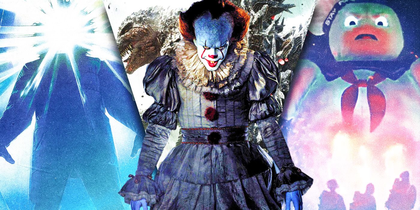 Split Images of The Thing, Pennywise, and Puff The Marshmallow