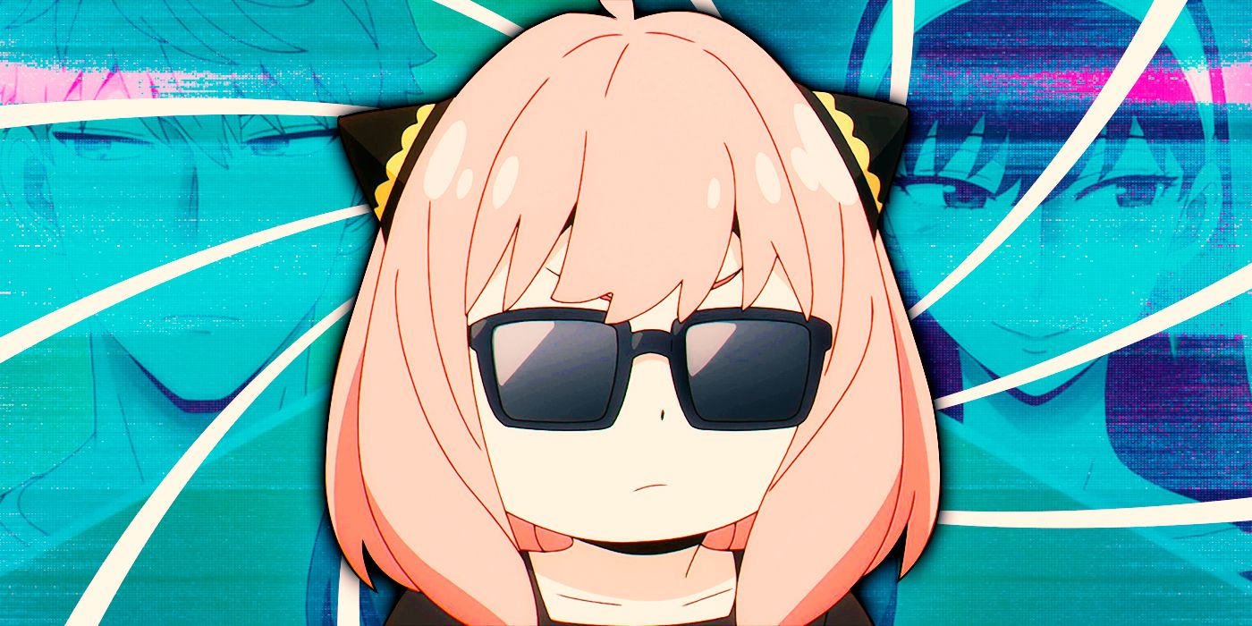 Anya from Spy x Family wearing sunglasses, with Loid and Yor on either side.