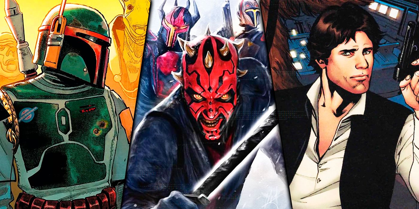 a collage of Boba Fett, Darth Maul, and Han Solo 