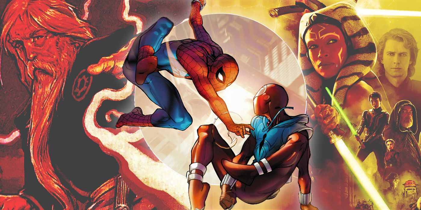 Homem-Aranha e Aranha Escarlate da Marvel Comics com Joruus C'Baoth e um pôster de Ahsoka de Star Wars ao fundo