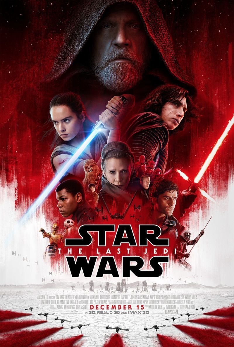 Luke, Rey, Kylo, Leia, Finn, and Poe appear in a red and white Star Wars Episode VIII - The Last Jedi Film Poster