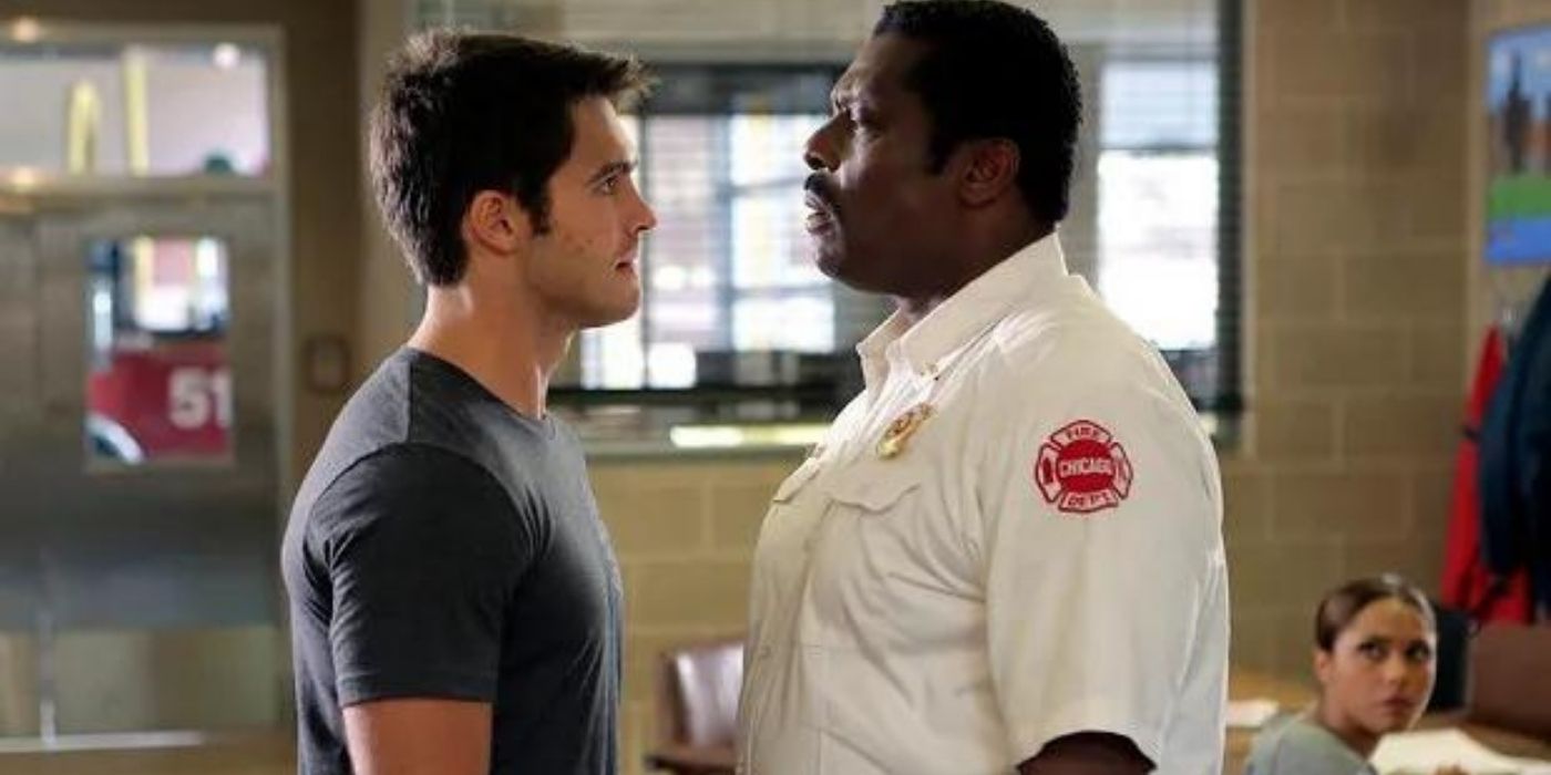 Steven R. McQueen as Jimmy Borrelli has a stand off with Eamonn Walker as Wallace Boden with Monica Raymund as Gabriela Dawson looking on in the background on Chicago Fire