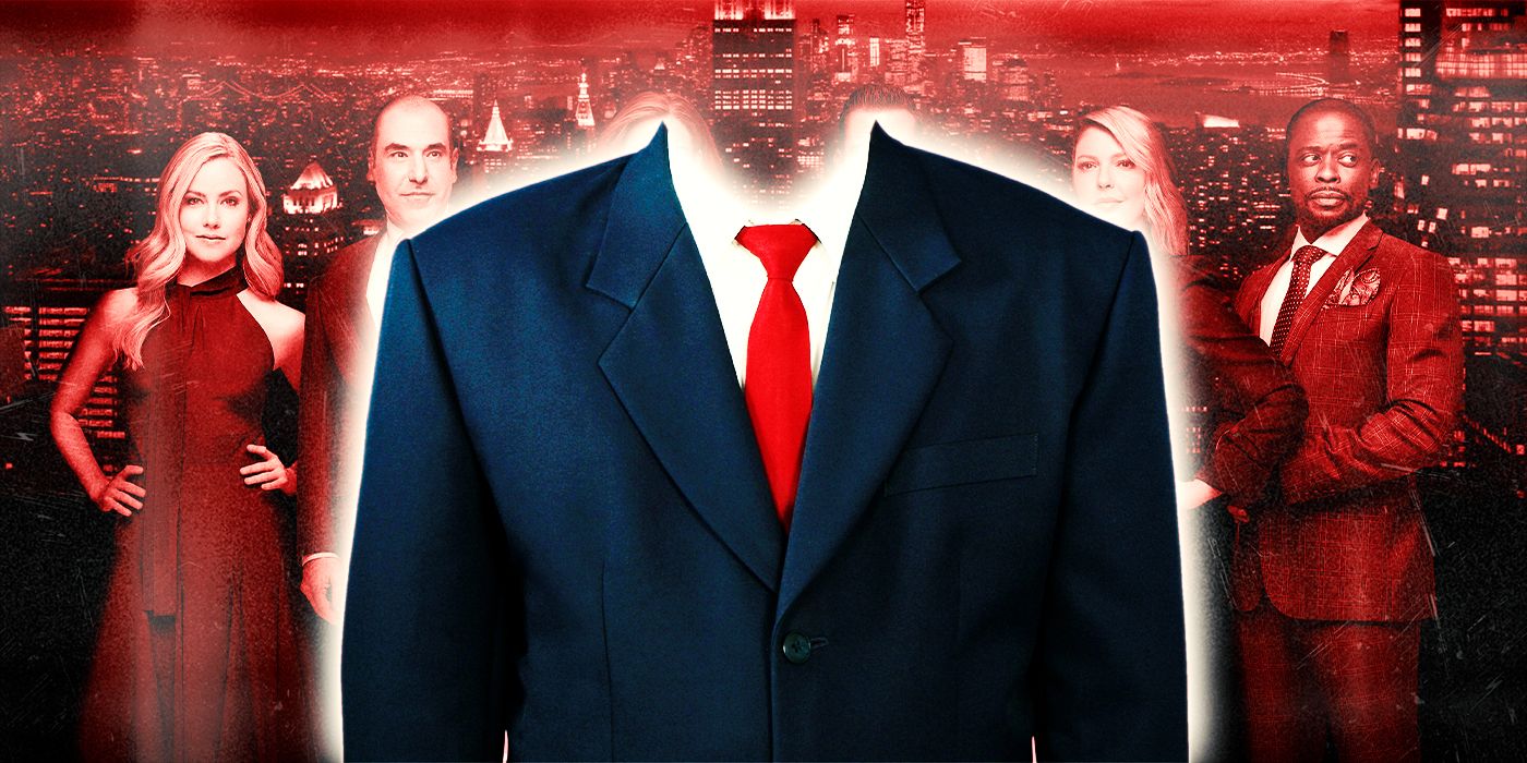 Custom Image of a headless suit with the cast of Suits in the background.