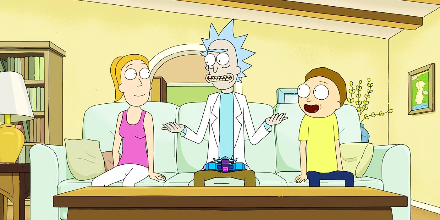 Summer, Rick, and Morty sitting on the couch together in Season 7.
