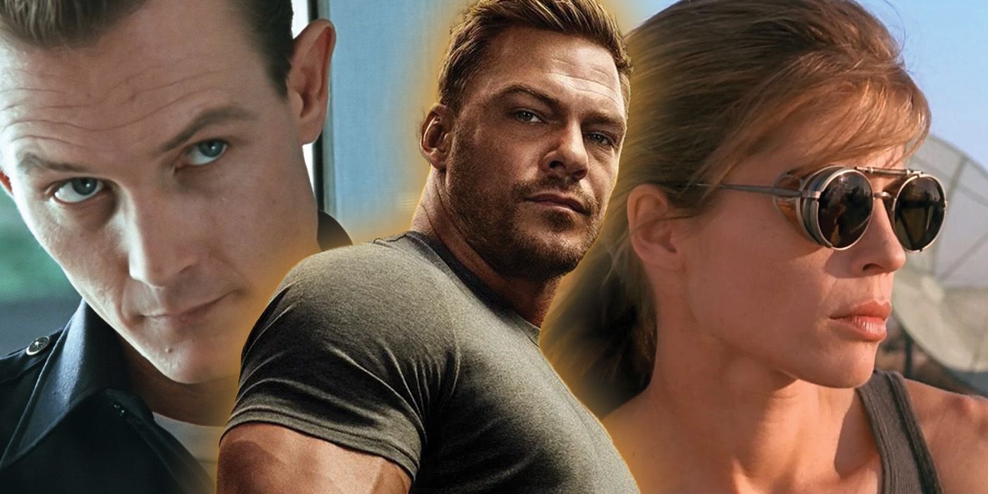 Jack Reacher, played by Alan Ritchson, between images of the T-1000 and Sarah Conner from Terminator 2