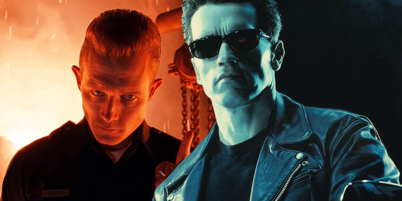 Divisão: Robert Patrick como T-1000 e Arnold Schwarzenegger como T-800 em Terminator 2