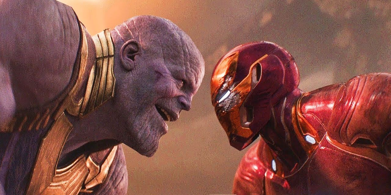 Thanos (Josh Brolin) and Iron Man (Robert Downey Jr.) face off in Avengers: Infinity War