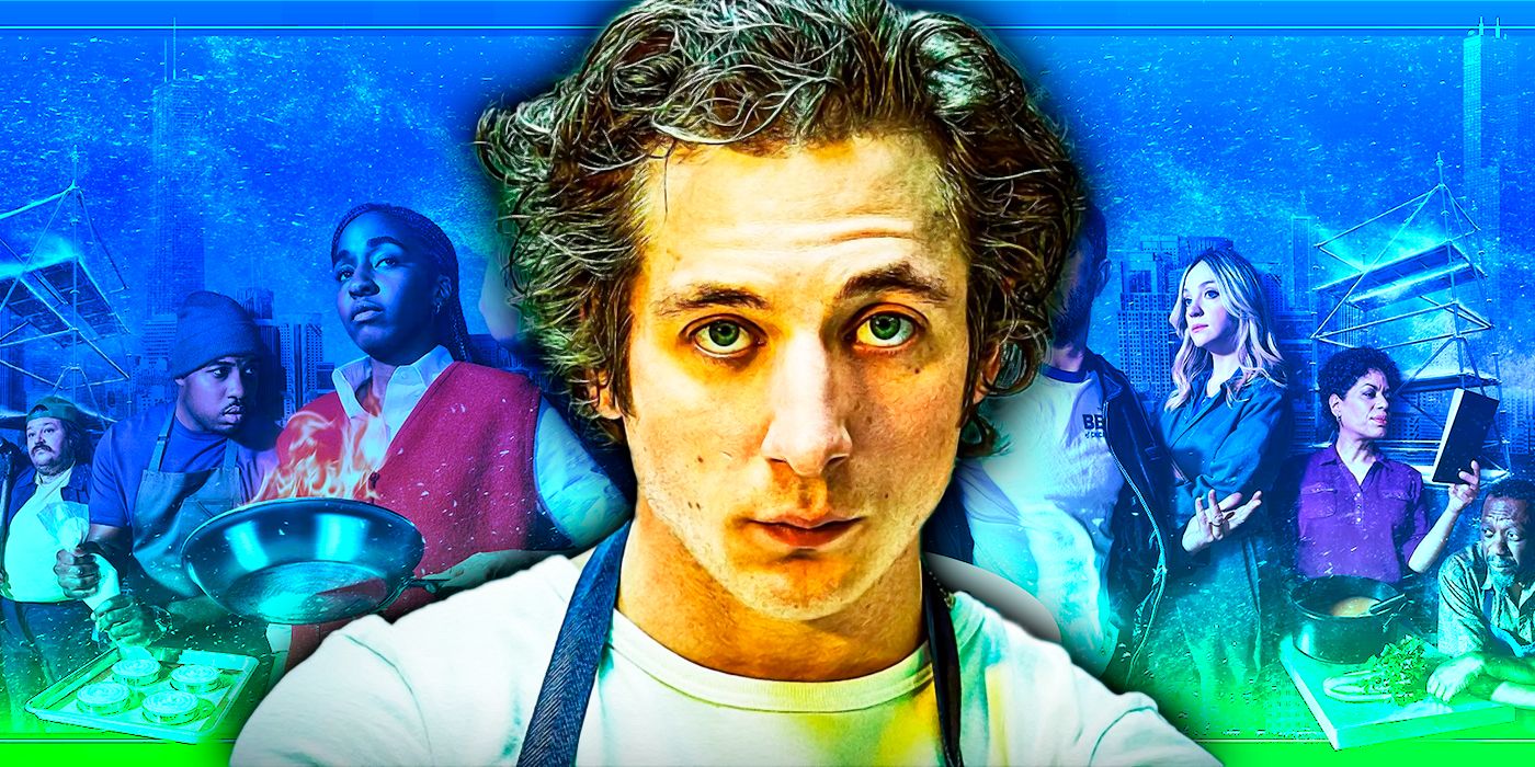 Jeremy Allen White in a cook's apron in front of stills from The Bear