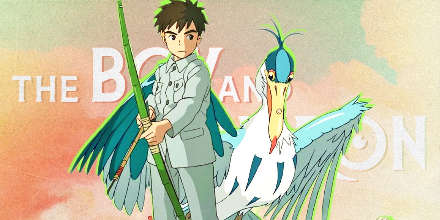Studio Ghibli's The Boy and the Heron featuring Mahito holding a bow and arrow standing next to heron