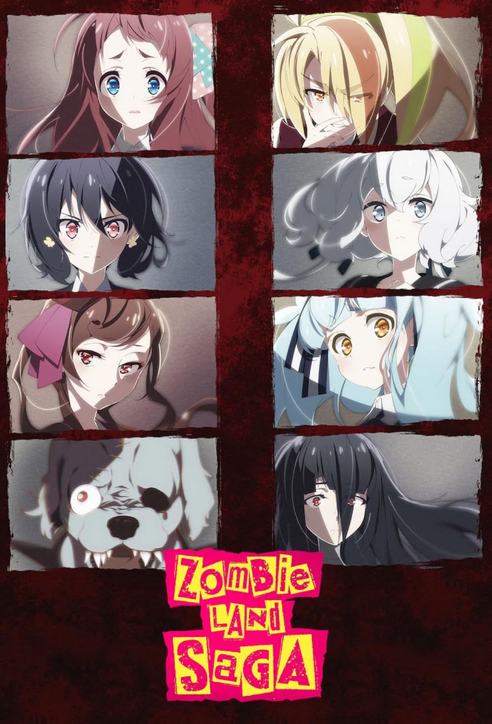 Images of the cast of Zombie Land Saga are arranged in rows on the poster