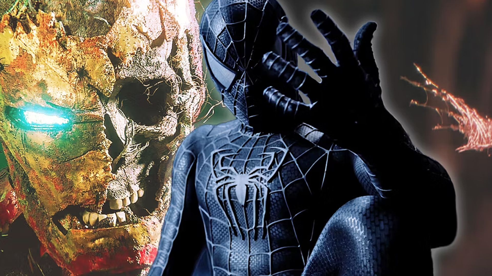 A collage featuring a skeleton Iron Man and the black suit Spider-Man from te live-action films