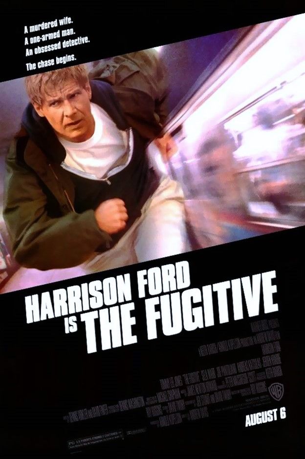 The Fugitive Film Poster muestra a Harrison Ford corriendo.