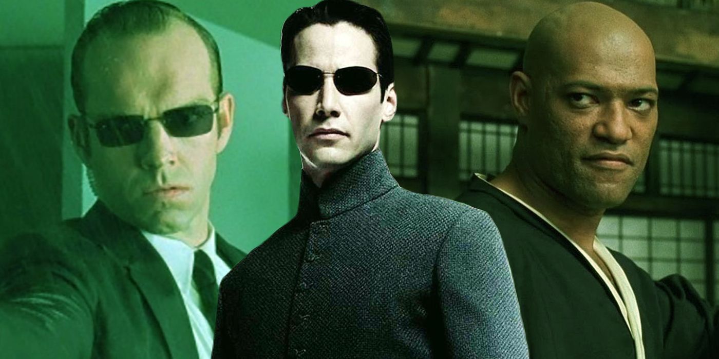 Split: Agent Smith (Hugo Weaving), Neo (Keanu Reeves) and Morpheus (Laurence Fishburne) in The Matrix
