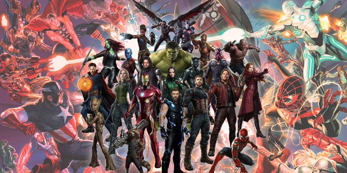 Collage of the Avengers from Infinity War with Marvel's comic heroes in a battle from the Secret Wars event in the background