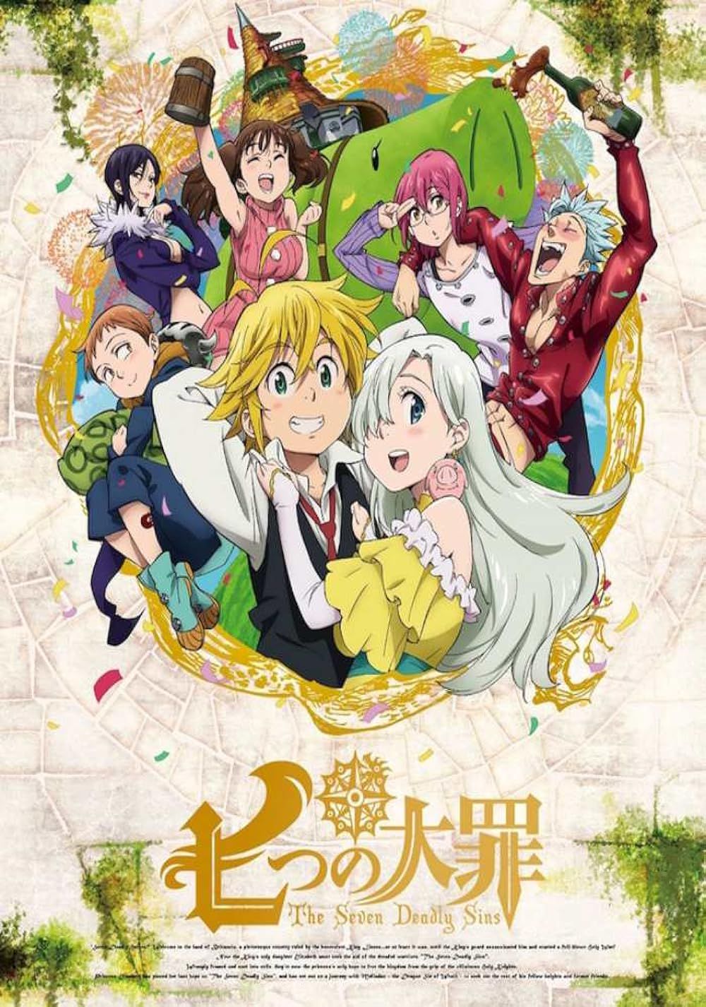 The Seven Deadly Sins anime poster featuring Meliodas and the rest of the main cast