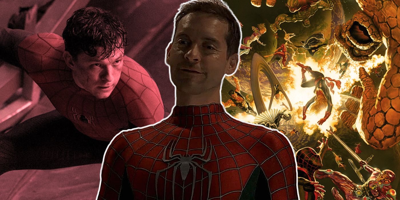 Tobey Maguire smiling as Spider-Man with Tom Holland's unmasked Spider-Man and the cover to Secret Wars in the background