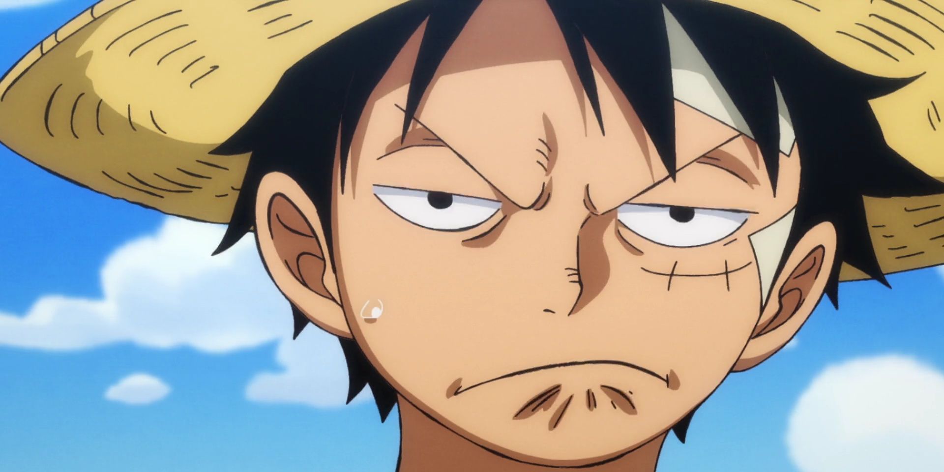 The image features a close-up of Luffy looking annoyed from Toei's One Piece anime.