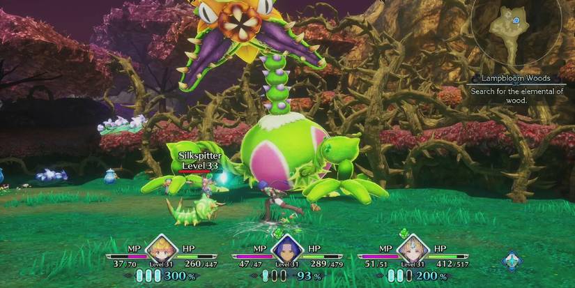 Mana combat gameplay tests against a giant monster similar to a plant.