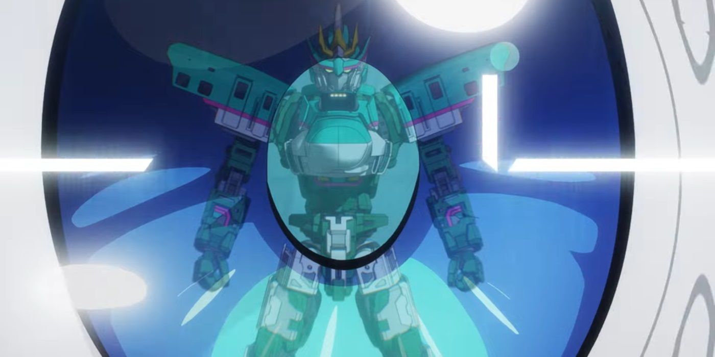 A main character from the Shinkalion Change the World anime looking at a transforming mecha train, reflected in the character's blue eye.
