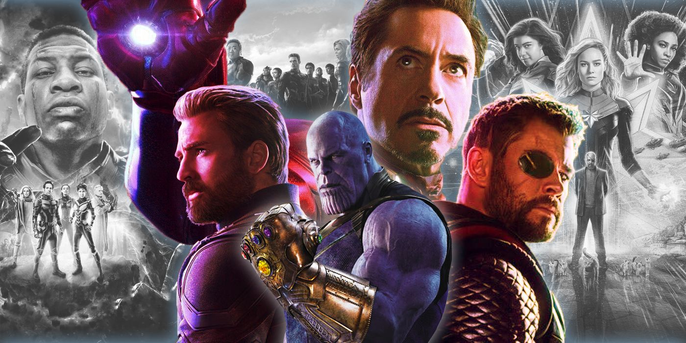 The MCU's Trinity of heroes with Thanos from INfinity War and posters for Ant-Man 3, Eternals, and The Marvels in the background.