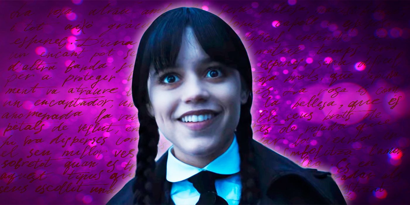 Wednesday Addams smiling with lines in the background