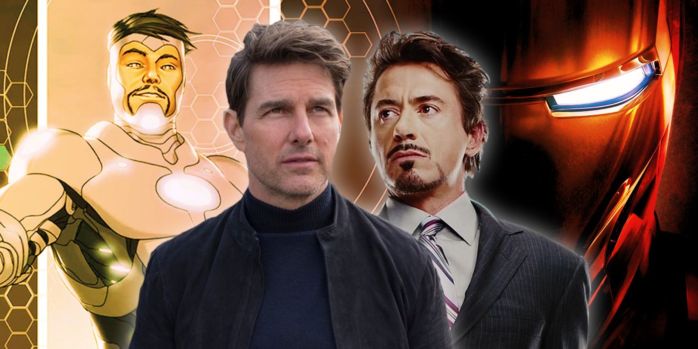Tom Cruise from Mission Impossible with Robert Downey Jr. as Tony Stark and Superior Iron Man and MCU Iron Man in the background
