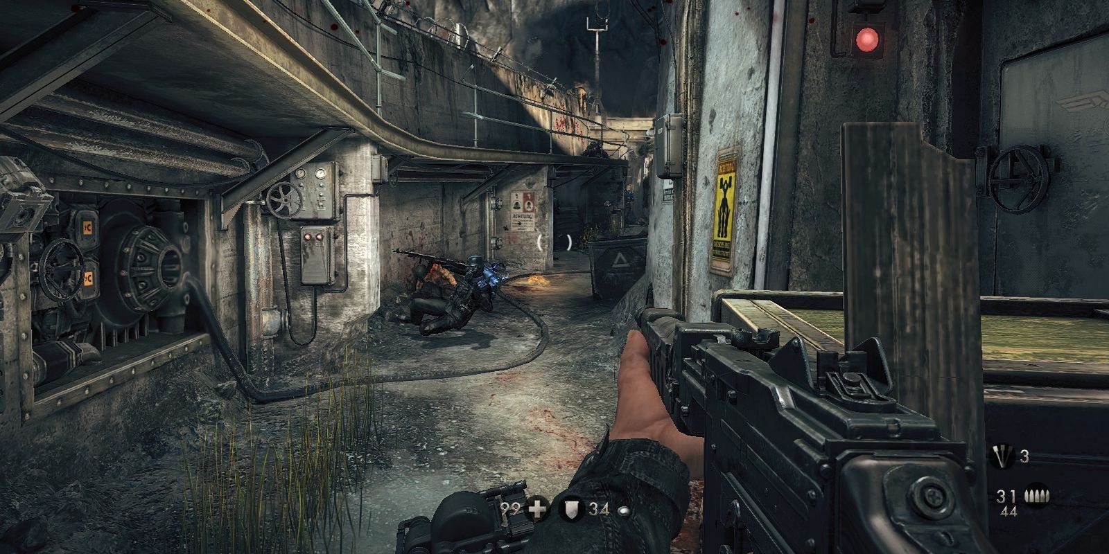 Wolfenstein The New Order first-person shooter gameplay during a rainy level