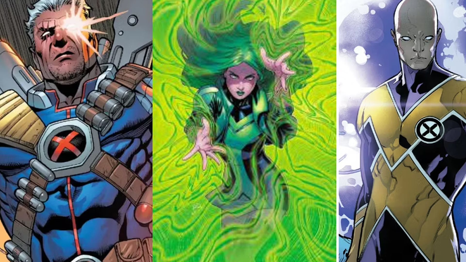 A split image of Cable, Polaris, and Synch from the X-Men Comics