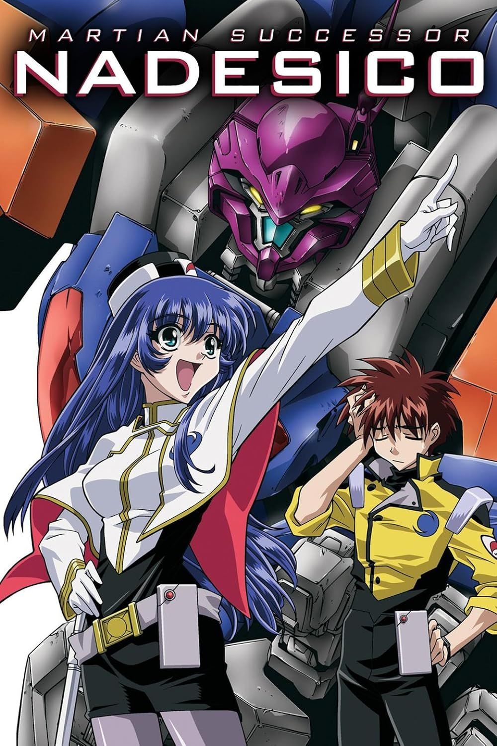 Yurika Poses Excitedly While Akito Looks Exasperated While Standing in Front of a Mecha in Martian Successor Nadesico