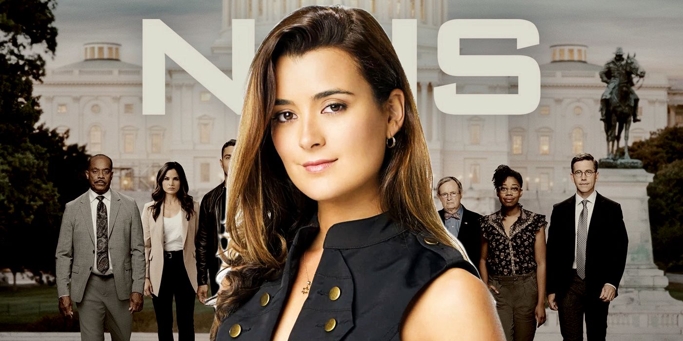 Ziva David (Cote de Pablo) in front of a banner for NCIS