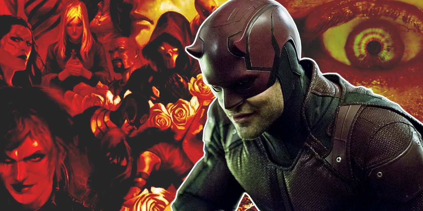 The MCU's Daredevil with a collage of his comic villains in the background