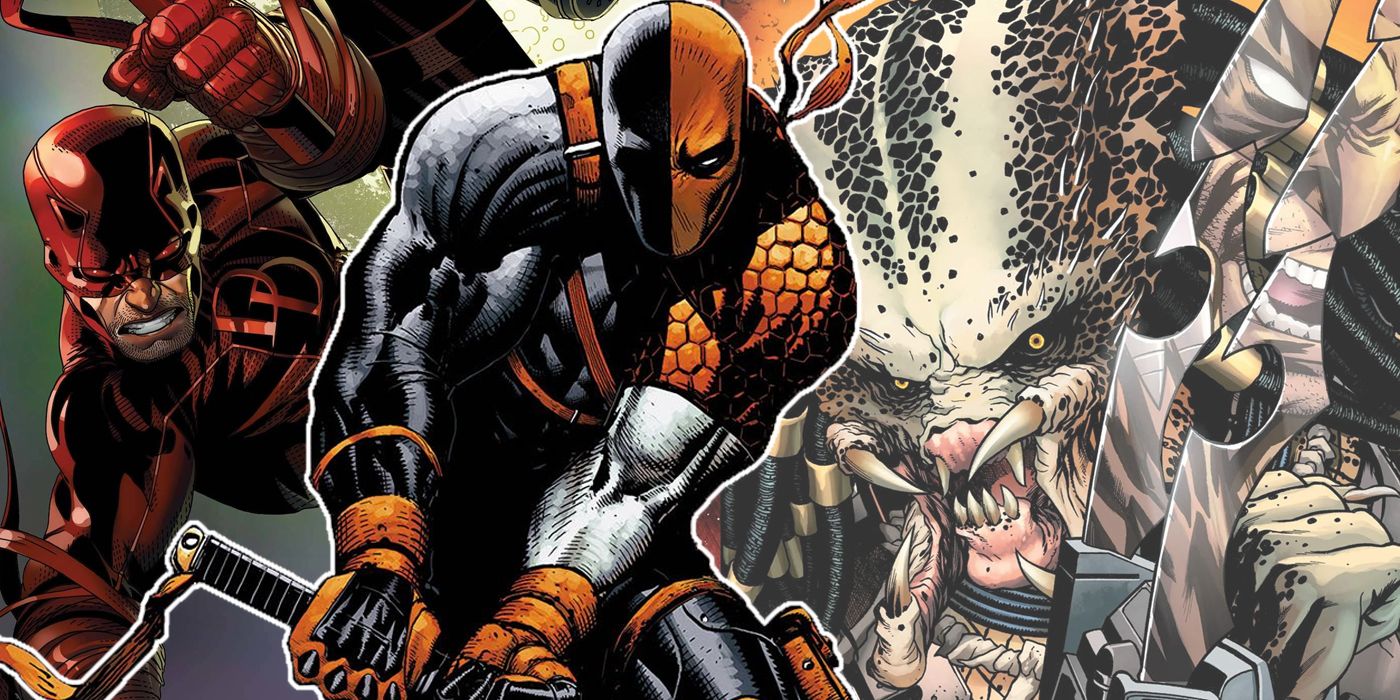 Split image of Daredevil, Deathstroke, and the cover to Predator vs. Wolverine