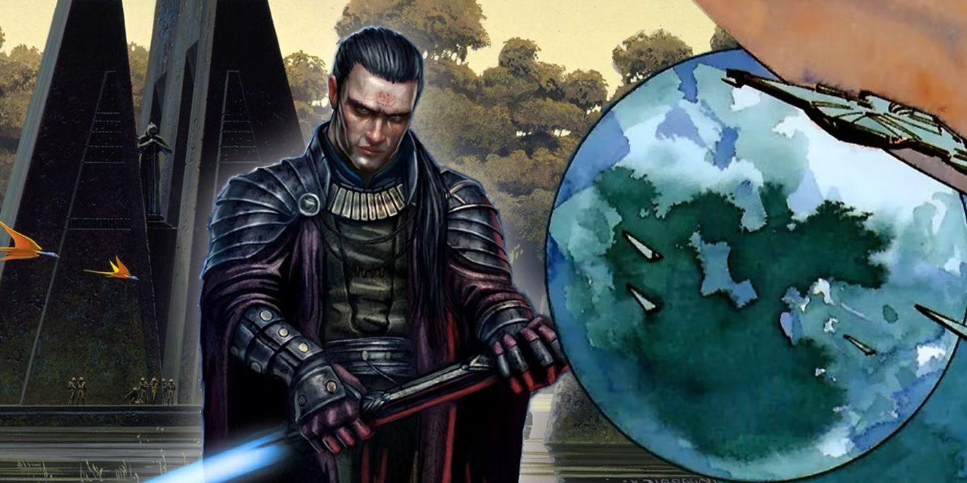 Split image of Exar Kun at his dark temple on Yavin 4 with the Planet Byss from Star Wars Legends