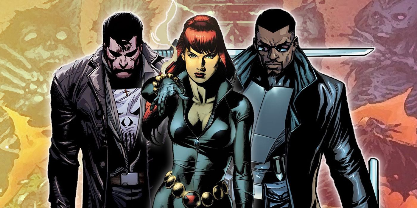Black Widow, Punisher and Blade with dead X-Men in the background