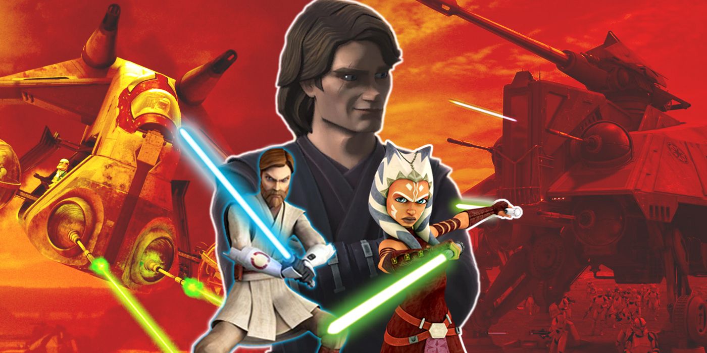Anakin Skywalker, Obi-Wan Kenobi and Ahsoka Tano with vehicles from Star Wars: The Clone Wars in the background