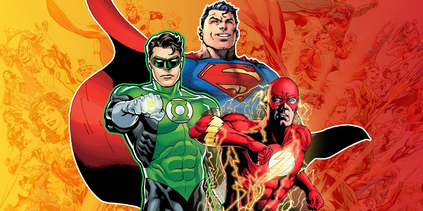 Superman, Green Lantern, and Flash with DC Comics heroes in the background