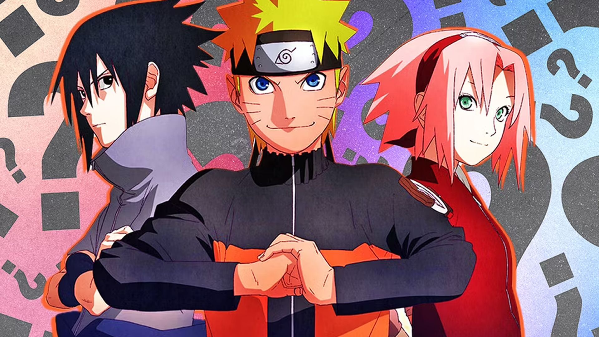 Naruto in front of Sasuke and Sakura.