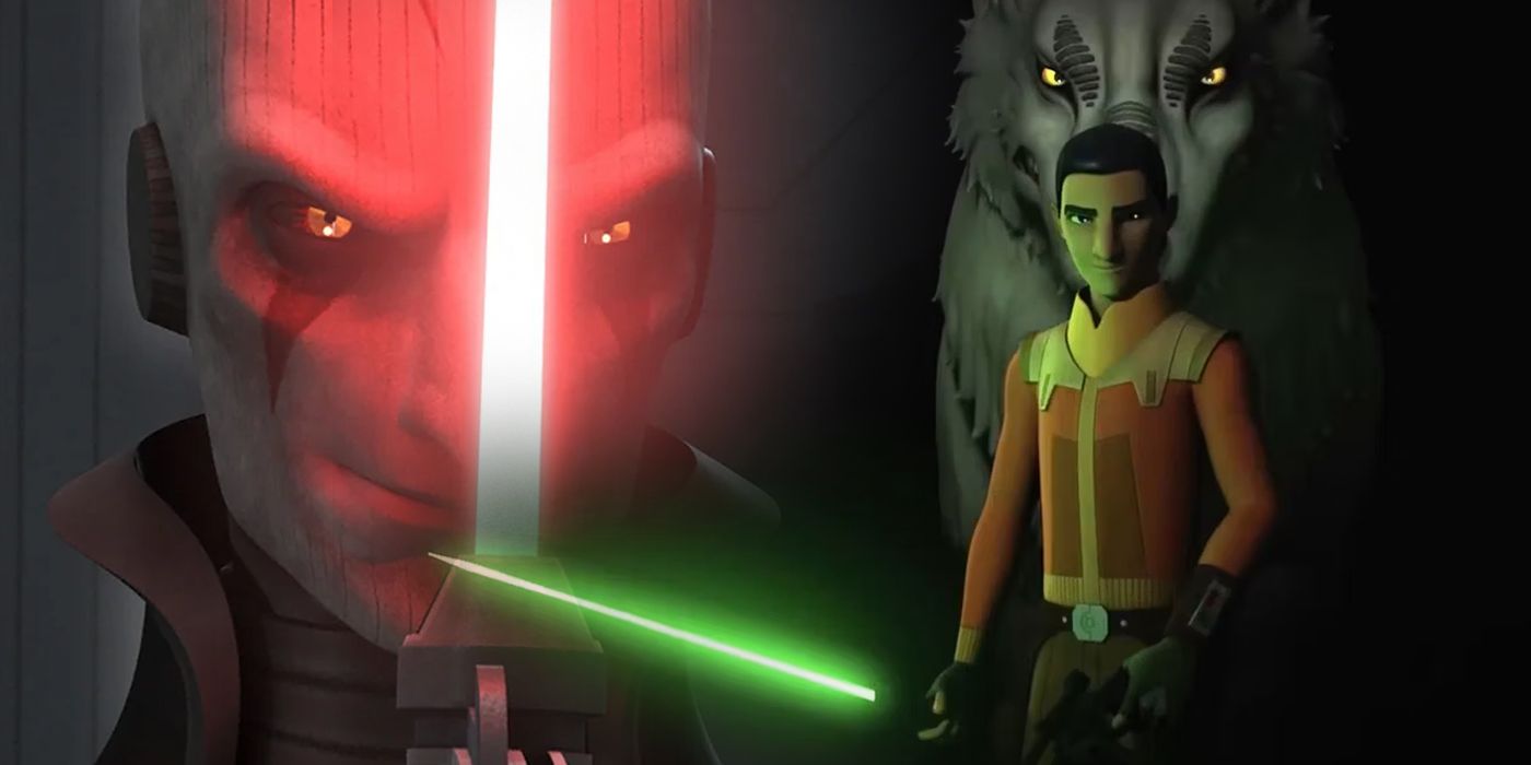 Split image of The Grand Inquisitor and Ezra Bridger with lightsabers from Star Wars Rebels