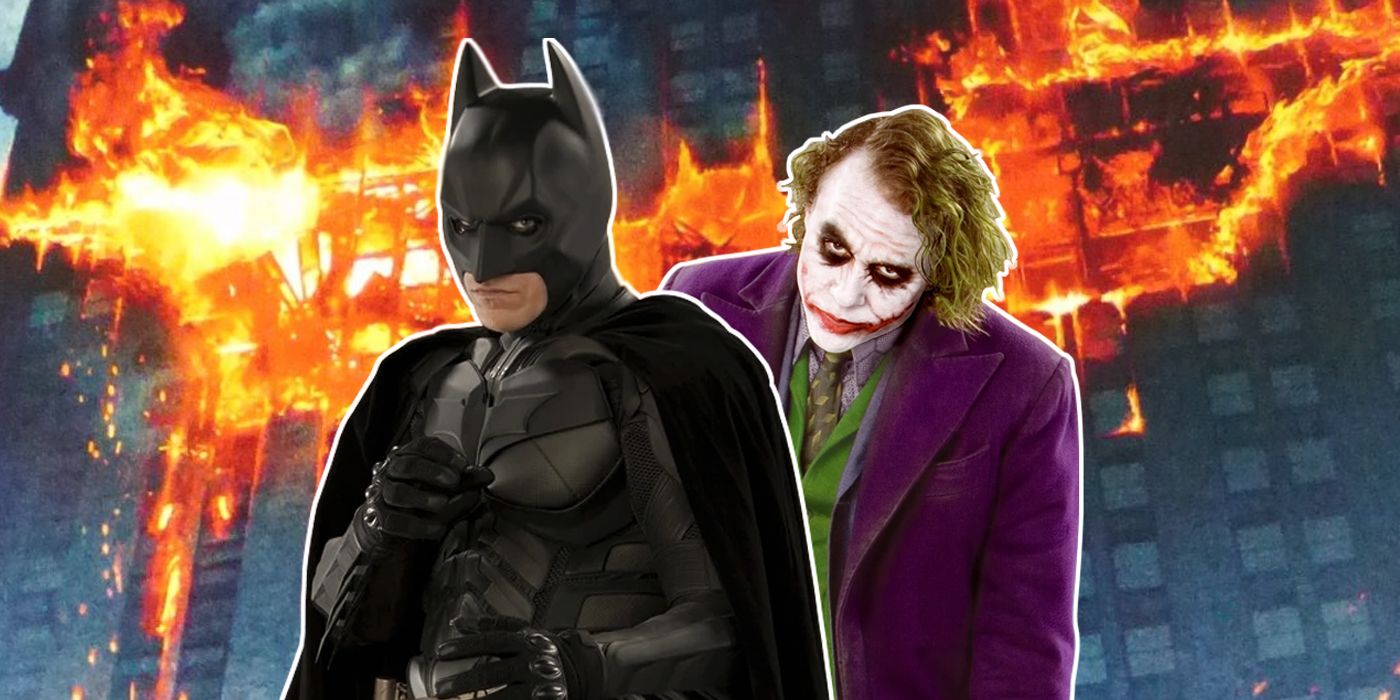 Batman and Joker from The Dark Knight with a glowing bat in the background from the movie poster