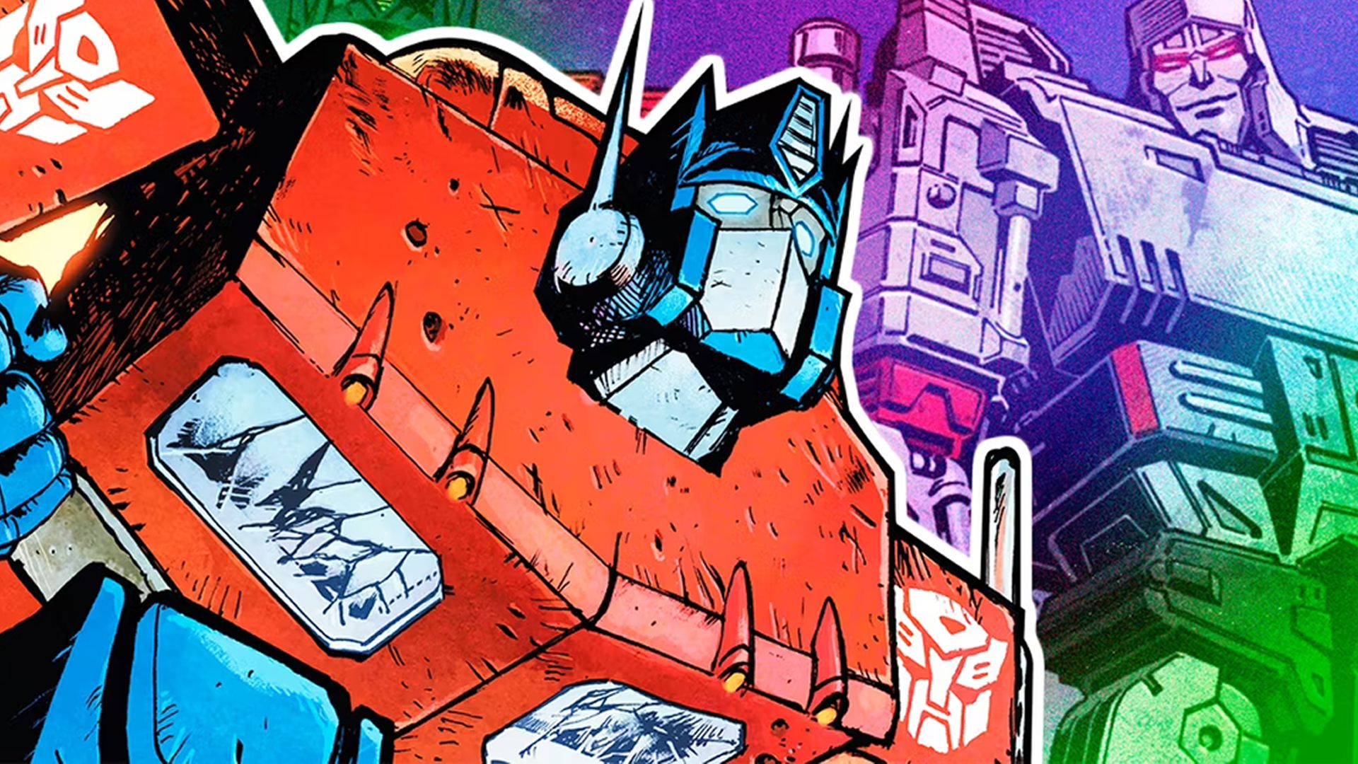 Uma colagem de Optimus Prime e Megatron dos quadrinhos IDW Transformers