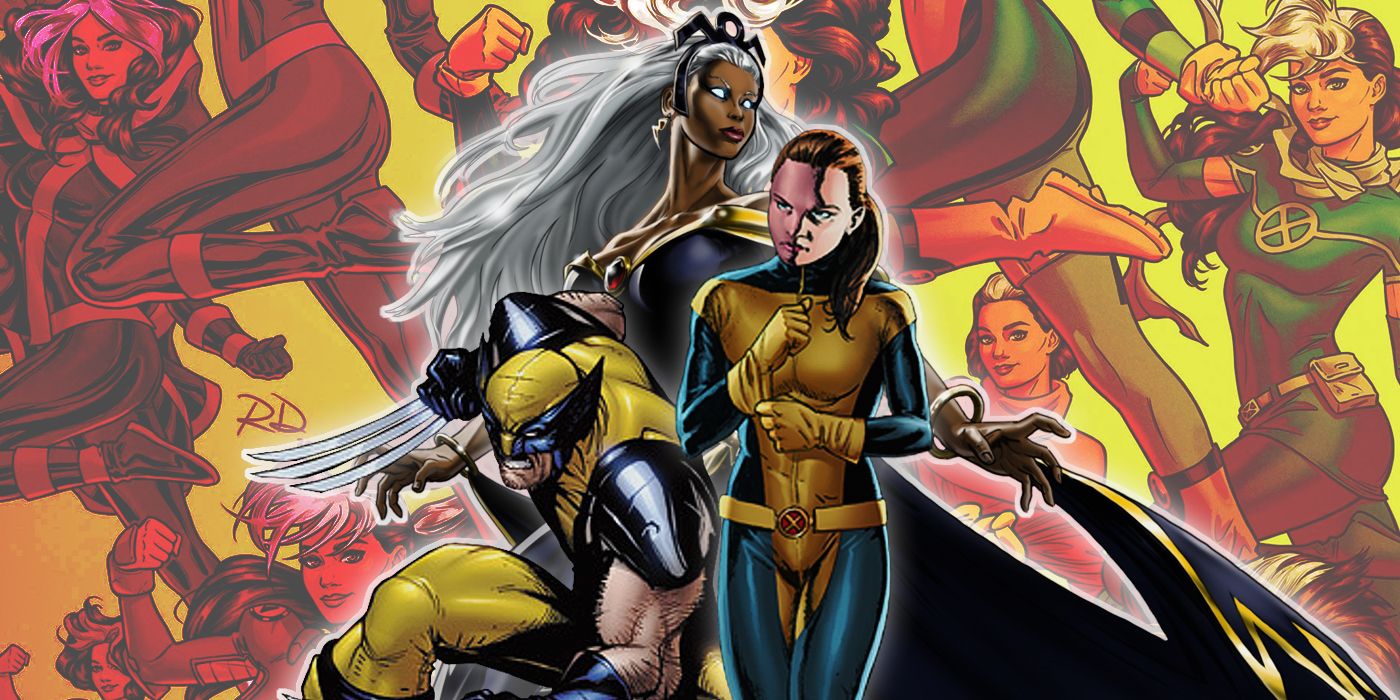 Storm, Wolverine and Shadowcat with Rogue and her various costumes in the background