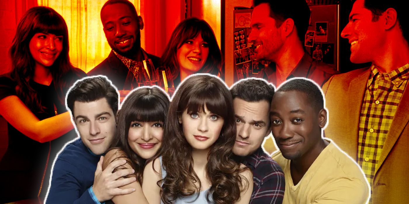 The New Girl cast with a scene from the finale in the background